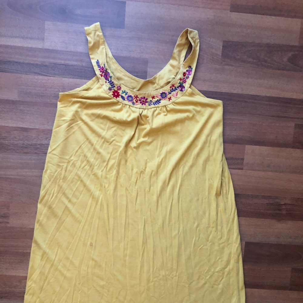 Mustard yellow baby doll dress embroidery detail